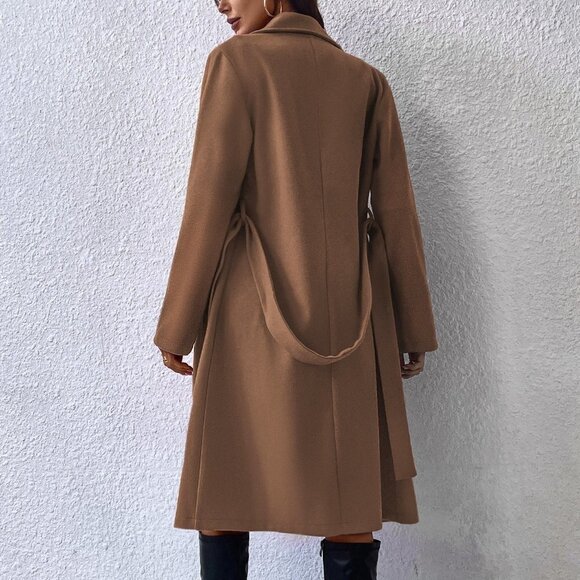 Brown Preppy Womens Lapel Neck Double Breasted Belted Coat - Picture 4 of 5